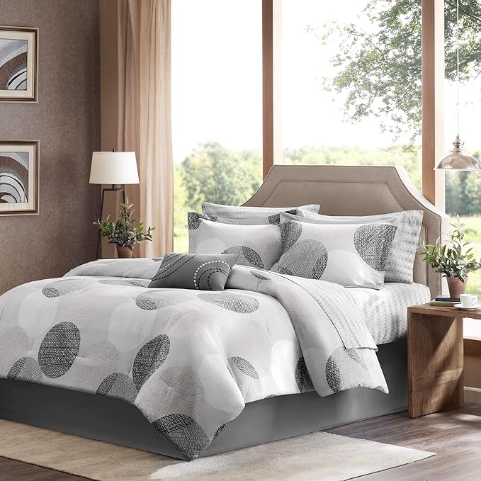 Madison Park Essentials Bed in a Bag Comforter, Vibrant Color Design All Season Down Alternative Cover with Complete Cotton Sheet Set, Cal King(104"x92"), Knowles, Circular Grey, 9 Piece