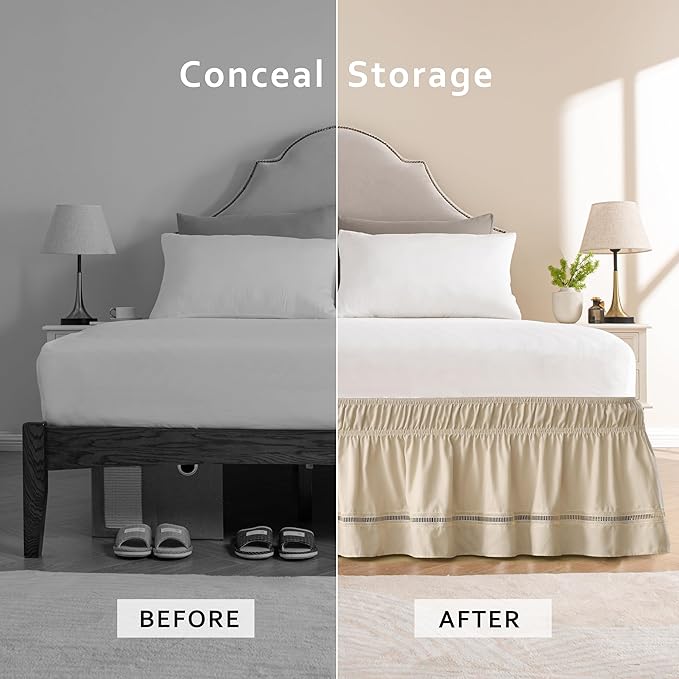 MIYE Wrap Around Ruffled Lace Bed Skirt, Elastic Dust Ruffle with Adjustable Belts, Easy to Put On, Bed Frame Cover, Machine Washable (Ruffled Lace/Beige, King/Queen-12.5" Drop)
