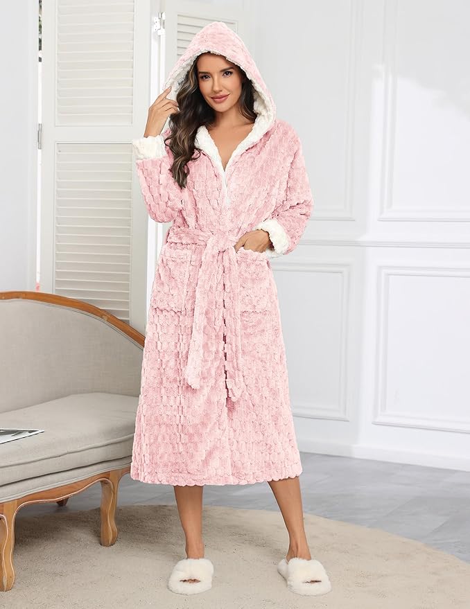 Ekouaer Womens Plush Robes Long Soft Jacquard Fluffy Bathrobe Hooded Robe Sleepwear with Pockets