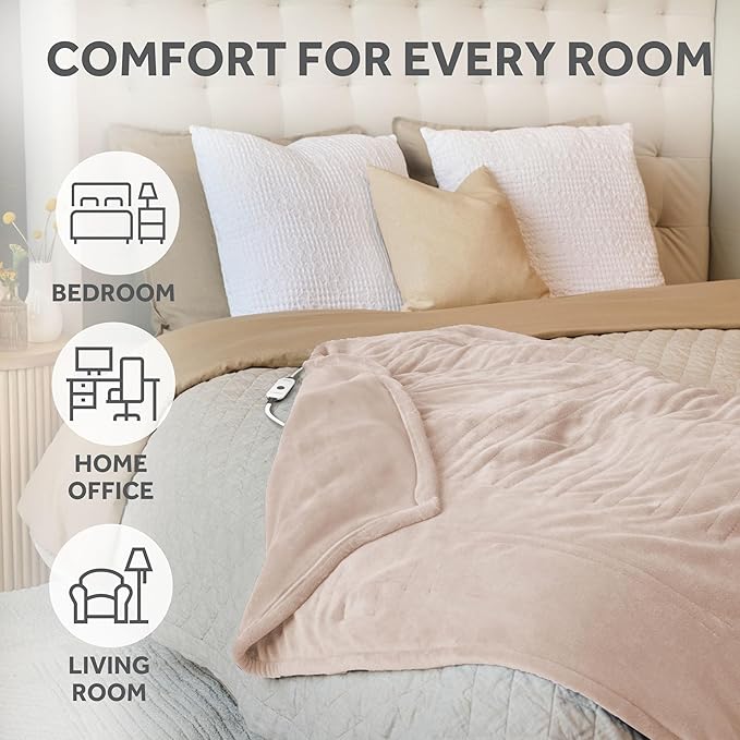 Sunbeam Electric Throw Royal Posh Velvet Heated Blanket, 4 Heat Settings, 4-Hour Auto Shut-Off, Fast Heating, Lush, Silky, and Ultra Comfy, Champagne Color, 50" x 60"