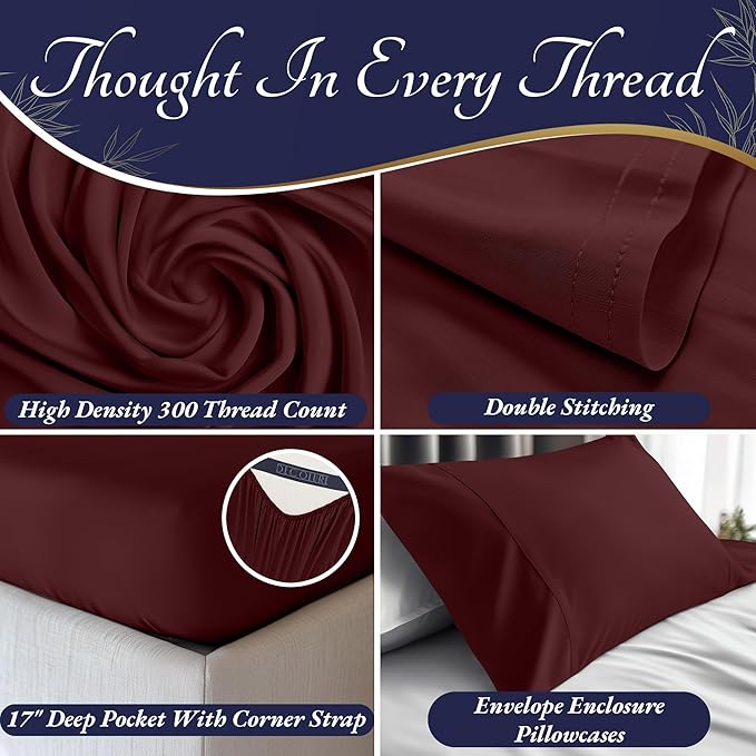 DECOLURE 100% Viscose Derived from Bamboo Sheets Cal King Size 4pcs - Ultra Soft & Luxuriously Cooling, 17" Deep Pocket, Double Stitching, Perfect for Hot Sleepers - King Bed Sheets (Burgundy)