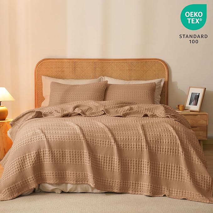 PHF 100% Cotton Waffle Weave Blanket King Size for Bed, Soft Lightweight & Breathable, All-Season Comfort, Luxury Aesthetic Woven Bedding for Home Decor, 108"x90", Clay