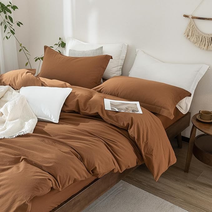 100% Washed Cotton Dark Orange Duvet Cover Queen Size Bedding Set Cover 1 Duvet Cover with Zipper Closure and 2 Pillowcases, 90inch x 90inch