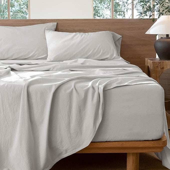 MooMee Bedding Sheet Set 100% Washed Cotton Linen Like Textured Breathable Durable Soft Comfy (Solid Light Tan, California King)