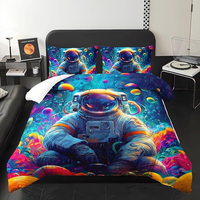 Kids Queen Size Comforter Sets Space Astronauts，Queen Size Astronaut Bedding Set，with 1 Comforter with 2 Pillow Case，Astronaut Bedroom Decor for Boys