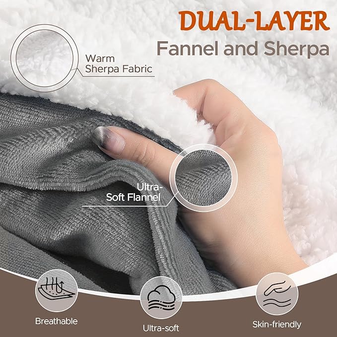 Electric Heated Blanket Throw 50"x60" - Soft Cozy Flannel & Sherpa Fabric Dual-Sided, 9 Heat Settings & 2-10 Hours Auto Off, Warming Heated Throw for Home Office, Machine Washable, Light Gray