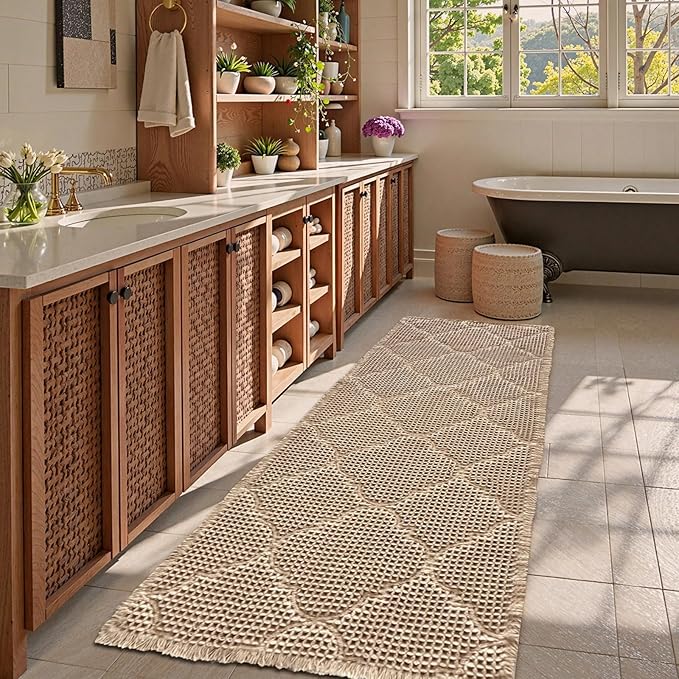 ZALL Tan Waffle Bath Mat,Super Absorbent Non Slip Bathroom Rug,Brown 24X60 inch, Geometric Diamond Machine Washable Ultra Soft Floor Mats