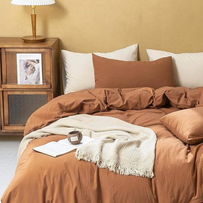 FOSSA Linen Duvet Cover Set 100% Washed Cotton Linen Feel Super Soft Breathable Cozy Simple Style 3 Pieces Bedding Sets Solid Dark Orange Queen
