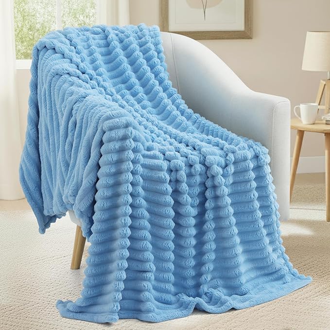 decorUhome Christmas Soft Fleece Blue Blanket King Size for Bed, Cozy Fluffy Plush Flannel Large Striped Throws for Couch Sofa, Lightweight Decorative Fuzzy Blanket for Woman, 108x90 Inches