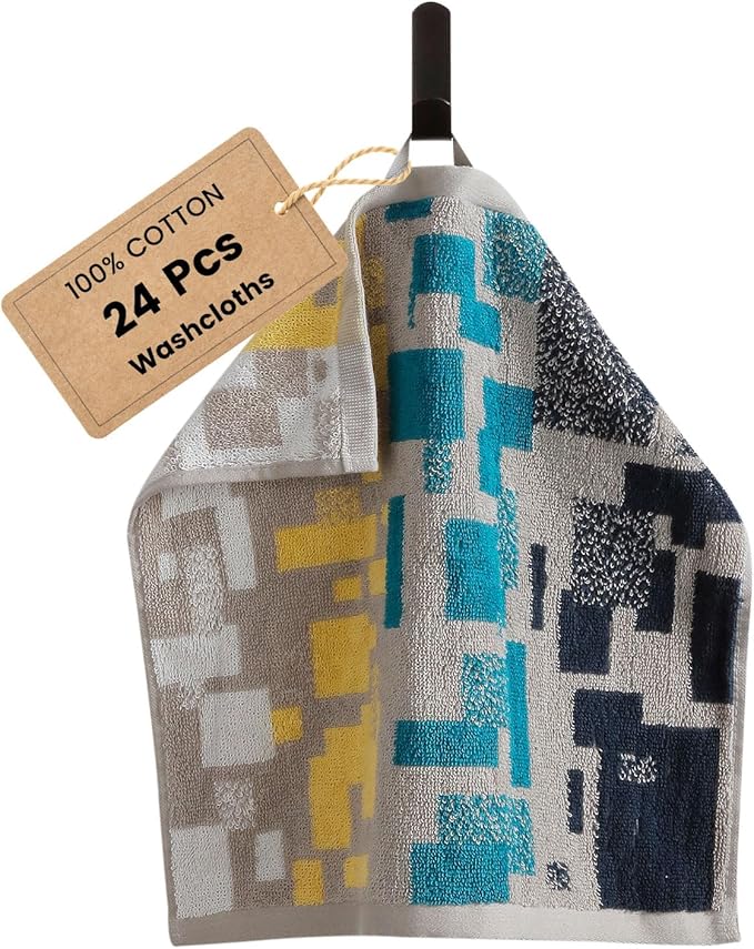 SEMAXE 100% Cotton Washcloths for Bathroom - 24 Pack, Quick-Dry Face Towels with Hanging Loop, Highly Absorbent and Soft, 13x13 Inch, Yellow | Blue | Grey | White