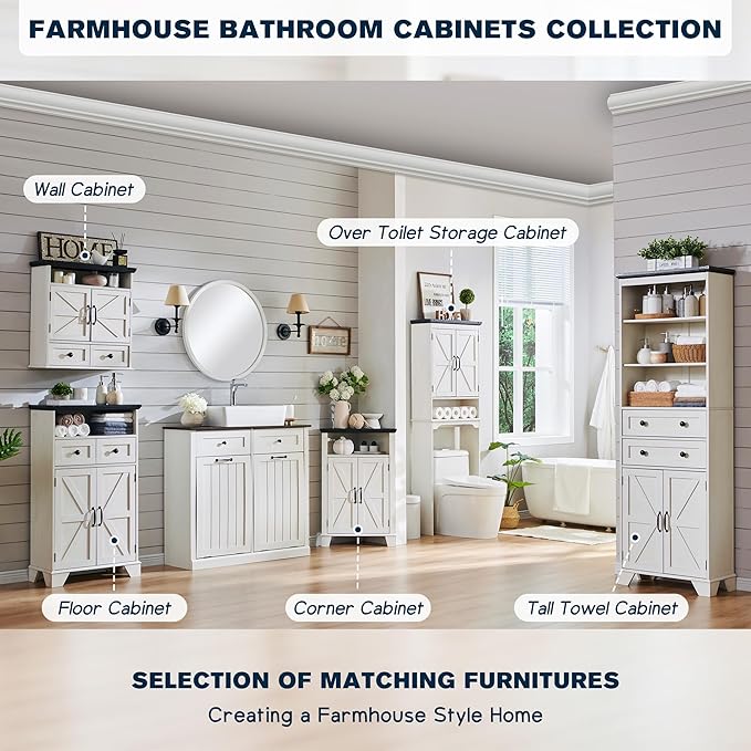ACCOHOHO Farmhouse Tall Bathroom Storage Cabinet, 72" Storage Cabinet with 2 Drawers, Adjustable Shelves & Barn Door, Cabinet for Bathroom, Living Room, Kitchen, Off White