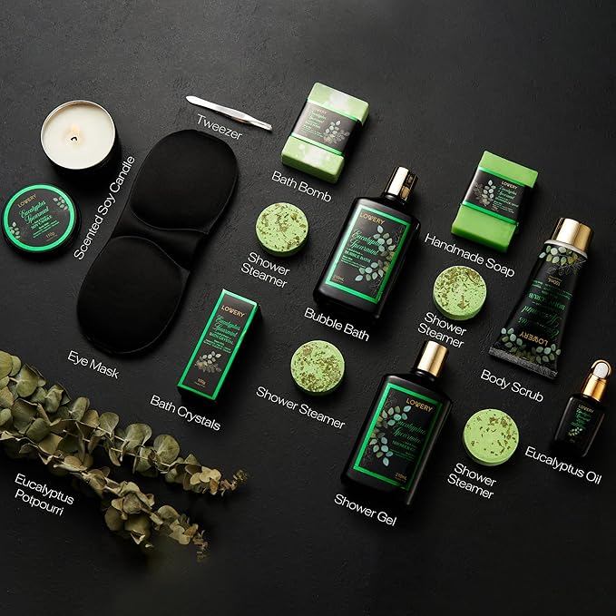 Christmas Eucalyptus Spearmint Bath Set, Home Spa Set with Natural Mint Fragrance, 17 Pcs Gift Basket, Eucalyptus Bath Oil, Shower Gel, Bubble Bath, Bath Crystal, Steamer Tablet & More, Birthday Gift