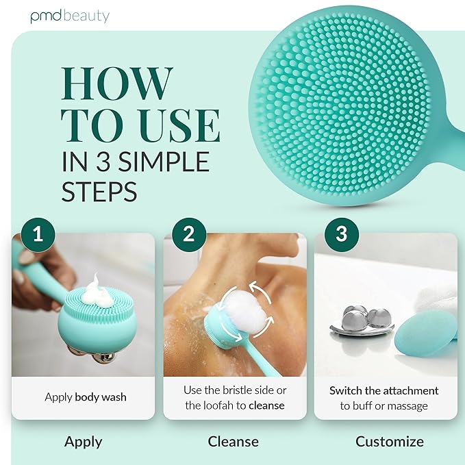 PMD Clean Body - Smart Body Cleansing Device with Silicone Brush & Three Interchangeable Attachments - Waterproof - SonicGlow Vibration - Cleanse, Exfoliate, & Massage Body