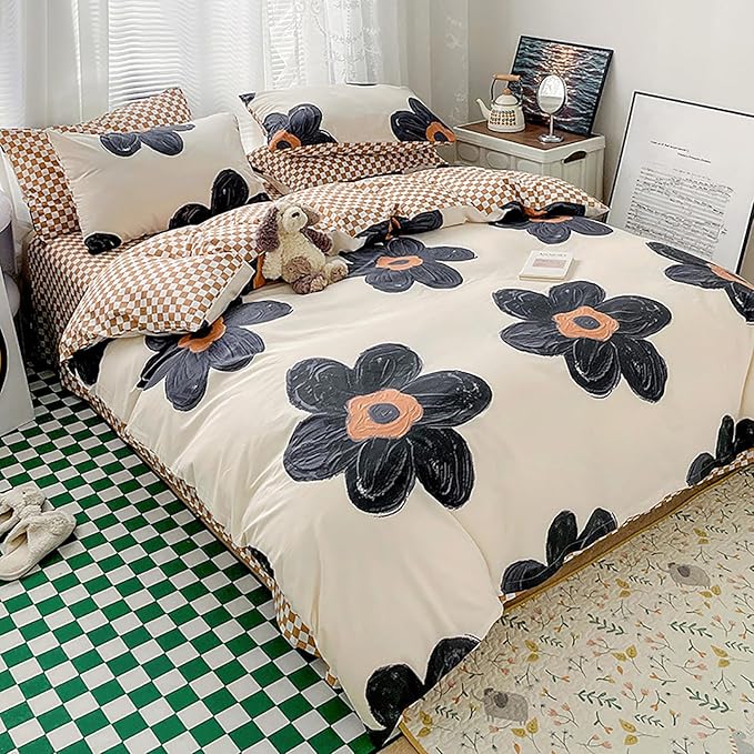 Cottonight Black Sunflower Comforter Set Full Black Beige Floral Bedding Comforter Set Full Big Flowers Cute Quilts Botanical Black White Blankets Elegant Bedding Set for Women Girls Female Teens