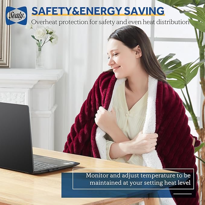 SEALY Heated Blanket Electric Throw, 50"x60" Heating Blanket Throw, 6 Heat Levels & 2-10 Hours Auto-Off Over-Heat Protection, Ribbed Flannel to Sherpa, Machine Washable, Red