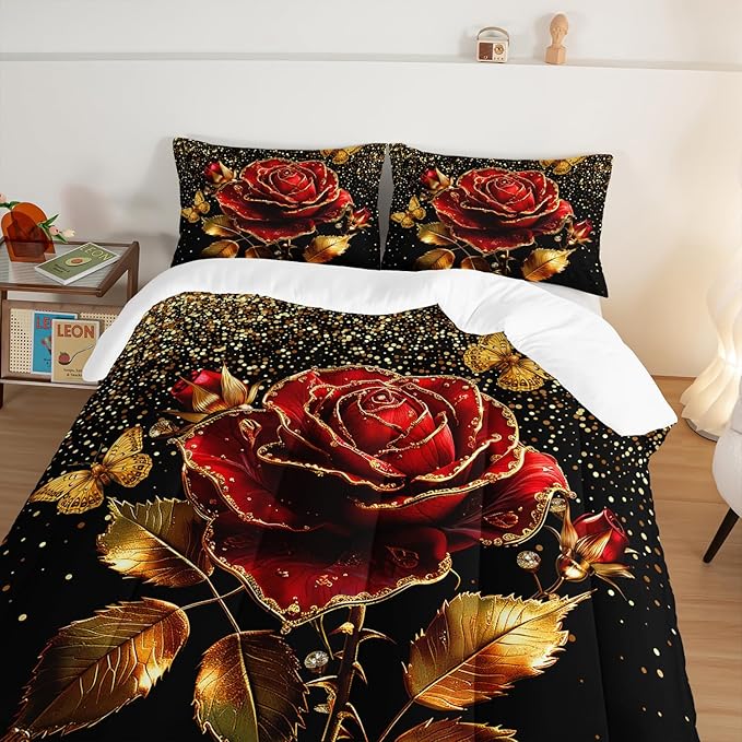 Gold Red Rose Comforter Set Full Size,Golden Glitter Butterfly Pattern Bedding for Girls Women Couple Lover,Romantic Floral Themed Bedding Set with 2 Pillowcases.