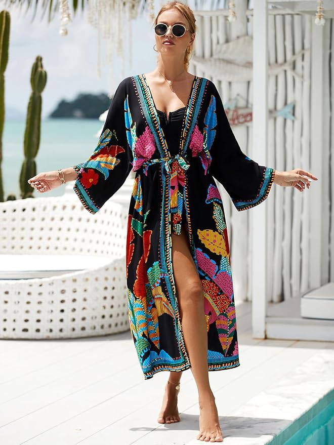 Women Casual Open Front Lightweight Cardigan Long Beach Kimono Cover Up