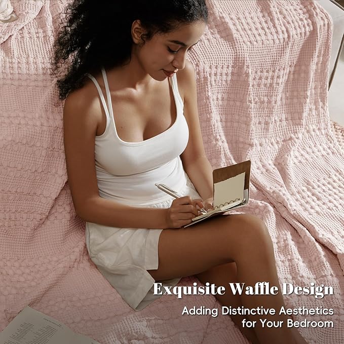 PHF 100% Cotton Waffle Weave Blanket Queen Size for Bed, Soft Lightweight & Breathable, All-Season Comfort, Luxury Aesthetic Woven Bedding for Home Decor, 90"x90", Pink/Mauve