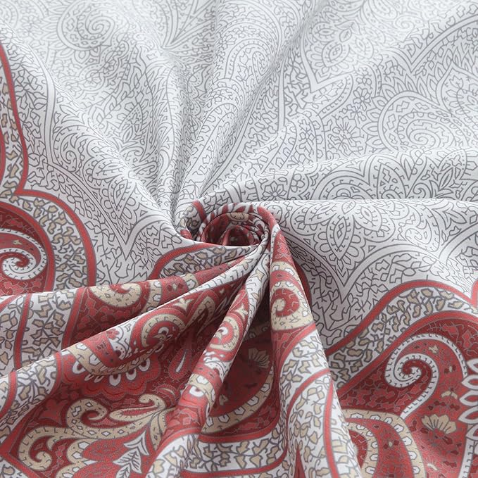 Paisley Shower Curtain, Water Repellent Fabric with Terracotta & Gray Bohemian Print, 12 Metal Grommets & Weighted Hem, 72x72 Inches