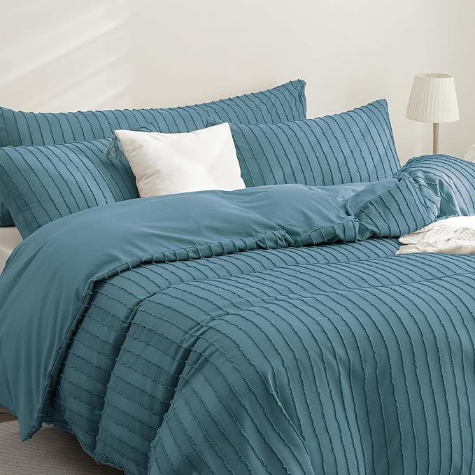 JELLYMONI Duvet Cover Full Size Grayish Blue - 3PCS Boho Striped Duvet Cover Set Polyester Tufted Bohemian Textured Comforter Cover 80×90in with Corner Ties & Zipper and 2 Pillowcases
