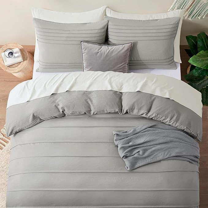 Oli Anderson Light Grey Duvet Cover King Size - Pleated King Duvet Cover, 3PCS Soft and Breathable Textured Bedding Set with Zipper Closure(Light Grey,104"x90")