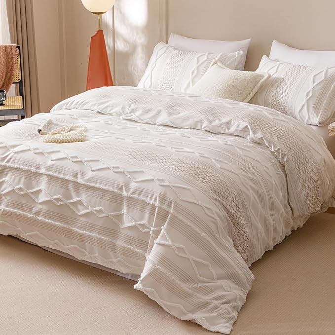 KAREVER Ivory Boho Comforter Set Queen Mixed Textures Jacquard Bedding Set Durable Chic and Stylish Bedroom Set