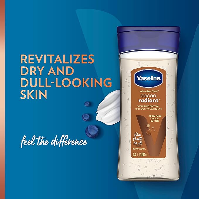 Vaseline Intensive Care Cocoa Radiant Pack of 3 for Glowing Skin Body Gel Oil Made with Pure Cocoa Butter + Replenishing Oils 6.8 oz