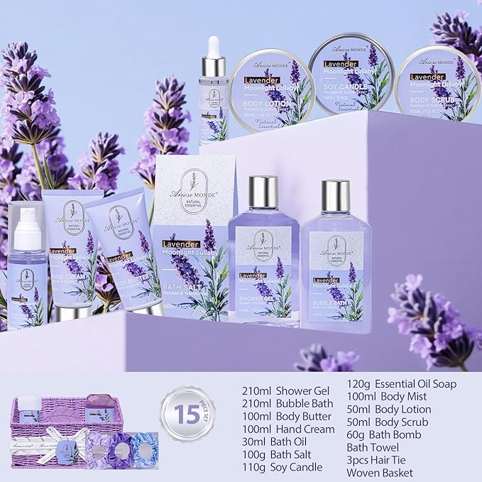 Spa Gifts for Women Bath and Body Lavender Gift Set, Spa Gift Basket for Self Care, Relaxing Bath Sets for Mom, Grandma, Girlfriend, Sister, Friends, Gifts for Women