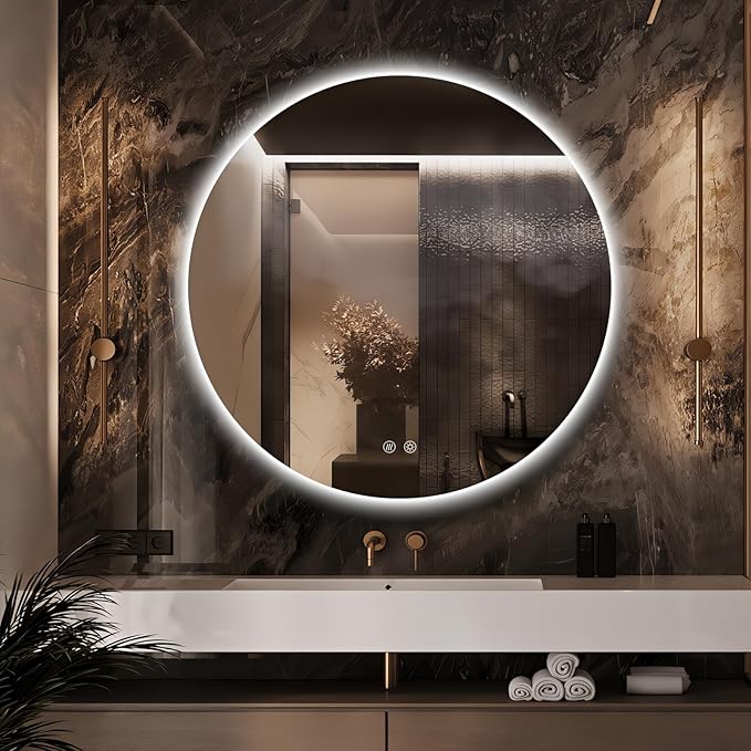 Niccy Round Led Mirror for Bathroom, 40" Circle Frameless Backlit Mirror wiht Light, Anti-Fog, 3 Colors, Waterproof, Memory Function