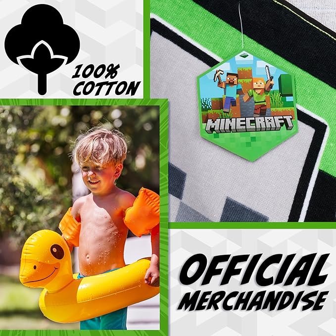 Minecraft Towelling Poncho Kids Teens Hooded Bath Towels Absorbent Beach Towel (Green/Black, 6-14 Years)
