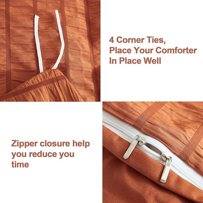 AveLom Terracotta Seersucker Duvet Cover Set Queen Size (90 x 90 inches), 3 Pieces (1 Duvet Cover + 2 Pillow Cases), Ultra Soft Washed Microfiber, Textured Duvet Cover with Zipper Closure, Corner Ties