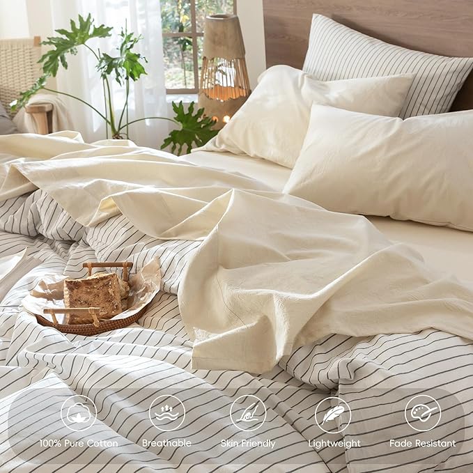 MooMee Bedding Sheet Set 100% Washed Cotton Linen Like Textured Breathable Durable Soft Comfy (Heathered Almond Milk Grey, Full)