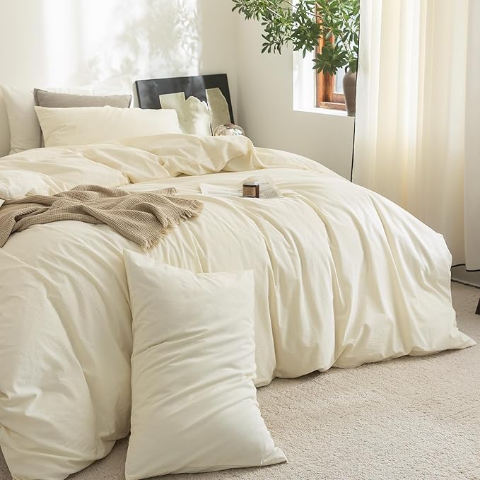 FOSSA Duvet Cover Set 100% Washed Cotton Linen Feel Super Soft Breathable Cozy 3 Pieces Bedding Sets Solid Cream White Super King Plus