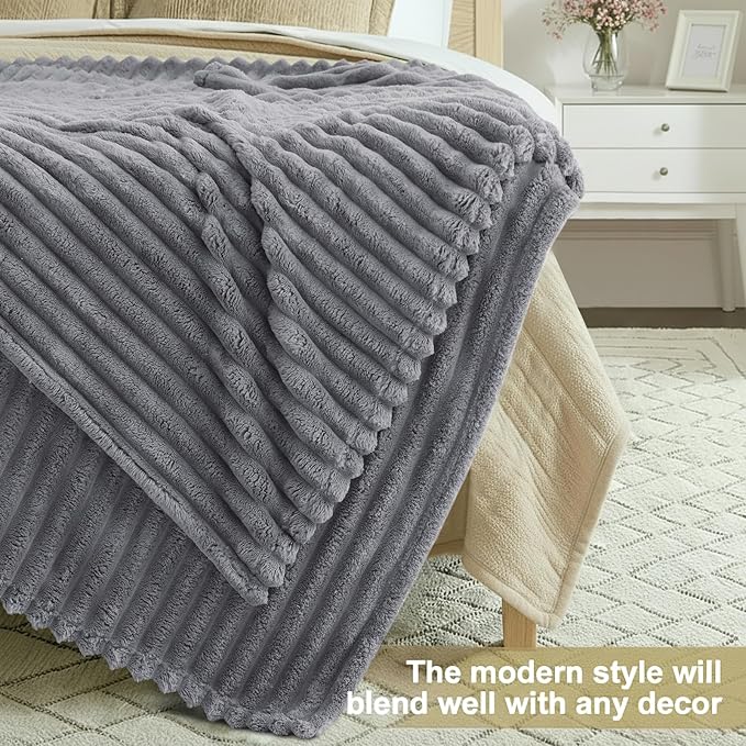 decorUhome Christmas Soft Fleece Grey Blanket King Size for Bed, Cozy Fluffy Plush Flannel Large Striped Throws for Couch Sofa, Lightweight Decorative Fuzzy Blanket for Woman, 108x90 Inches