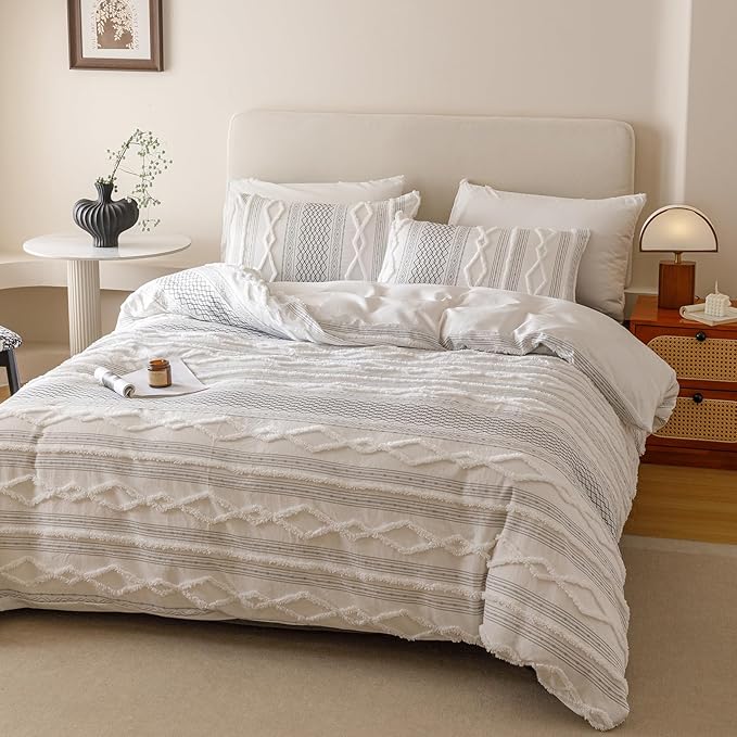 Cottonight White Black Boho Comforter Set Twin Farmhouse Tufted Bedding Set Soft Bohemain Shabby Chic Blanket Quilts Embroidery Rustic Luxury Soft 3PCS Bed Set for Women Men