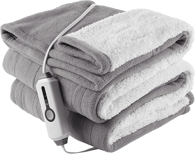 Heated Electric Throw Blanket 50" x 60" Size, Polar Fleece 4 Temperature Settings & 3 Hours Auto-Off Soft Fleece Cozy and Comfortable Machine Washable, Home Office Use - Light Grey