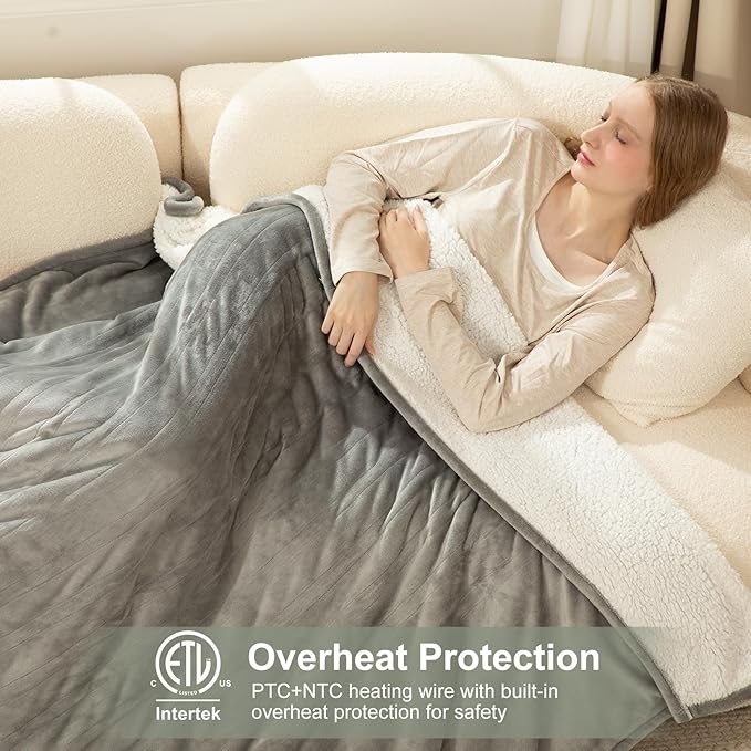 Heated Blanket Full Size - 72" x 84" Electric Blanket Full with Fast Heating, 10 Timer Settings, 6 Heat Settings, Washable Flannel Sherpa Heating Blanket, Overheat Protection, Grey