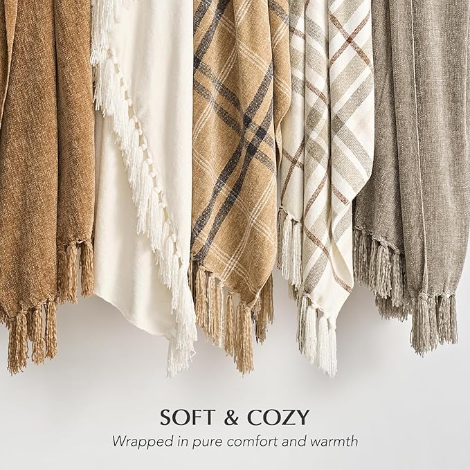EVERGRACE Plaid Chenille Throw Blanket for Couch, Super Soft Cozy Decorative Farmhouse Plaid Throw with Tassels, Lightweight Chenille Knit Throw for Bed Sofa Gift Home Decor, Khaki Grey 50”x60”