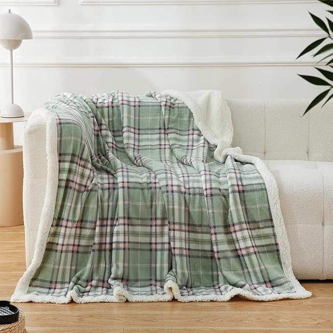 PU MEI Sherpa Blanket Twin Plaid Thick Bed Blanket, 60”*80” Super Soft Flannel Fuzzy Fleece Reversible Velvet Plush Warm Blanket for Couch (Green Pink Check)
