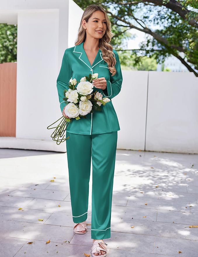 Ekouaer Satin Pajama Set for Women Silky Sleepwear Long Sleeve Top and Pants Button Down Pjs Lounge Set