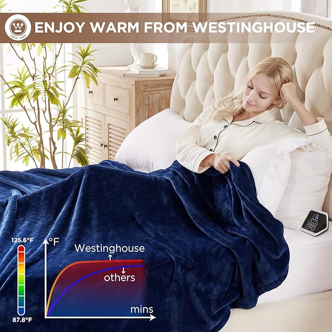 Westinghouse Heated Blanket King Size, Electric Heating Blanket with 10 Heating Levels, 1-12 Hours Auto Shut Off, Fast Heating Warming Blanket, Machine Washable (King,100x90 Inches,Navy Blue)