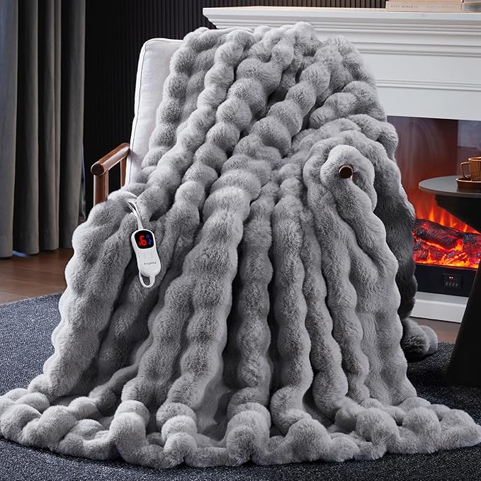 Heated Blanket Throw with 1/2/4/6/8 Hours Auto-Off 10 Heat Level, 50'' * 60'' Cozy Faux Rabbit Fur Bubble Electric Blanket with Overheat Protection(Light Grey)