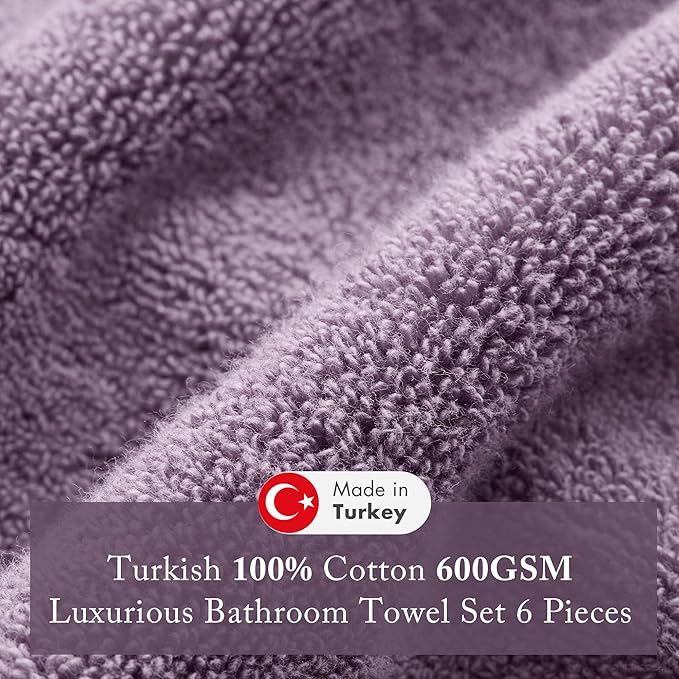 Madison Park Turkish 100% Cotton Towel Set, 600Gsm Luxury Premium Weight, Soft Absorbent Hotel Bathroom Shower Hand Face Washcloths, Assorted Sizes Purple 6 Piece