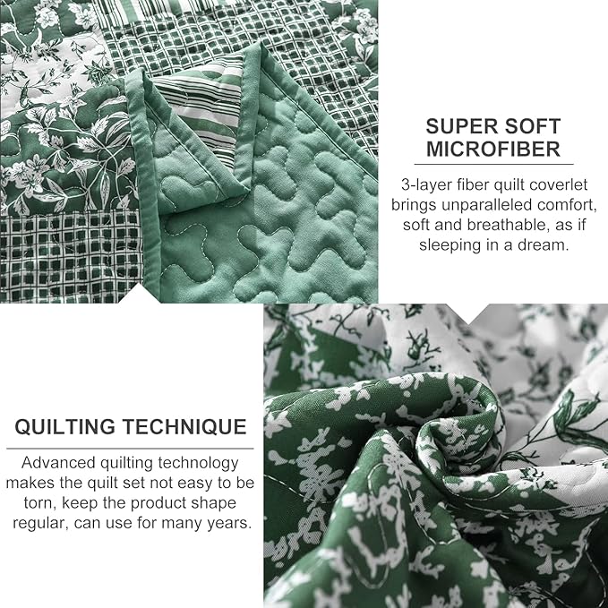 Mybedsoul Green Quilt Set Twin Size, 2 Pieces Plaid Floral Bedspread Set Patchwork Reversible Bedding Set Microfiber Lightweight Bedspread Coverlet Set for All Season 68"x86"