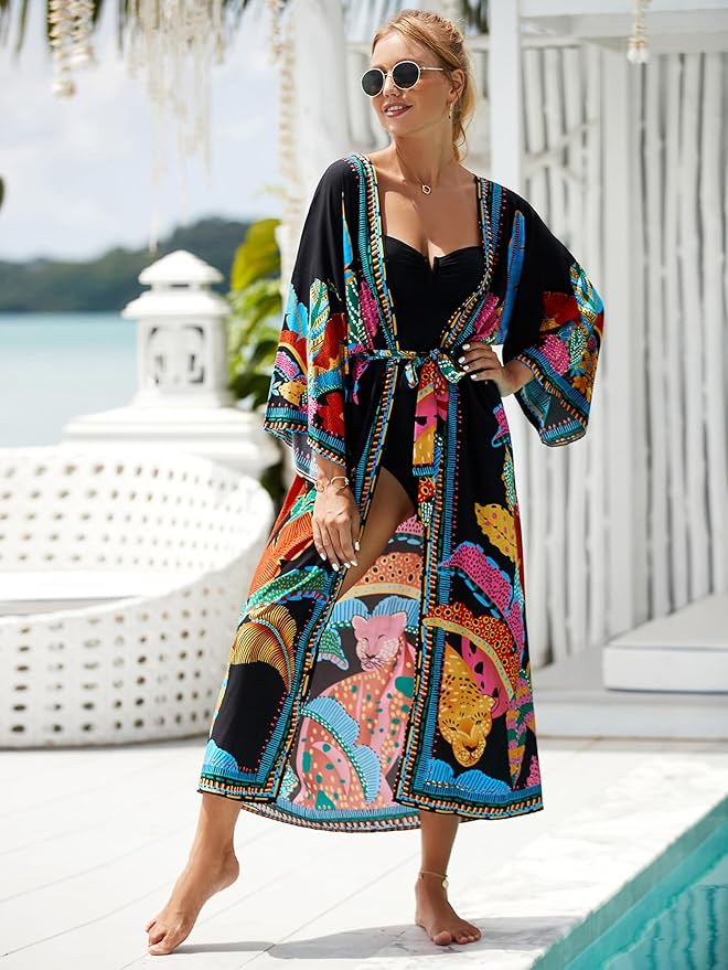 Women Casual Open Front Lightweight Cardigan Long Beach Kimono Cover Up