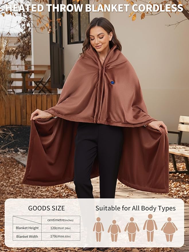 Electric Heated Blanket Battery Operated, Portable Heated Shawl for Neck and Shoulders and Back, Heating Blanket with Zipper and Pockets, 20000mAh, 3 Heating Levels, up to 8 Hours