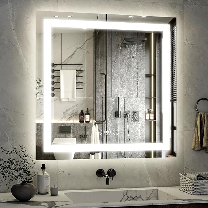 36x36 Inch Smart LED Bathroom Mirror - Anti-Fog Vanity Mirror with Touch Sensor, 3 Color Lighting & Dimmable Memory Function, Lighted Mirror for Over The Sink, Modern Bathroom Wall Mirror