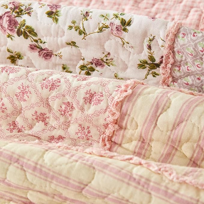 Cmfshape Floral Quilt Sets Bedspread Set 100% Cotton Patchwork Bedding Set, All Season Use Lightweight Reversible Coverlet Quilts with 2 Pillow Shams(Queen 92"x96")