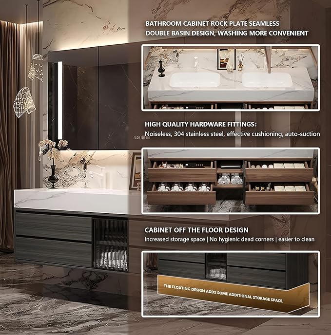 80IN Bathroom Vanity with Double Sink, Modern Bathroom Vanity with LED Smart Defog Mirror Cabinet & Integrated Ceramic Sink, Floating Vanities with Drawers and Glass Cabinet Door (Grey Wood)