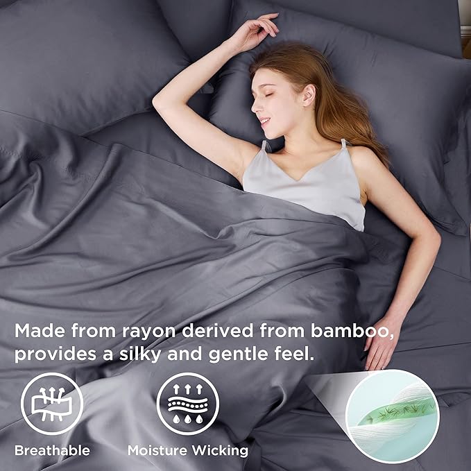 Bedsure King Size Sheets Set, Cooling Sheets for Hot Sleepers, Rayon Derived from Bamboo, Breathable & Soft, Deep Pocket Up to 16 Inches, Hotel Luxury Silky Bedding, Dark Grey